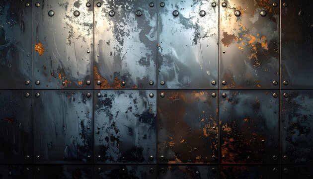 rusty metal background. industrial background of rusty metal plates with rivets and weathered blue paint texture.