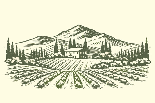 A picturesque landscape featuring a tuscan villa nestled amongst rolling hills