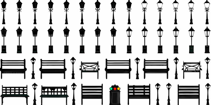 Collection of black silhouettes depicting street lamps benches and park elements