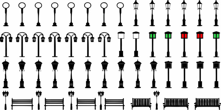 Collection of various street lamps benches and park furniture icons