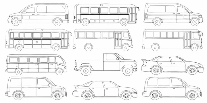 Line drawing showcases various vehicle types including buses trucks and cars