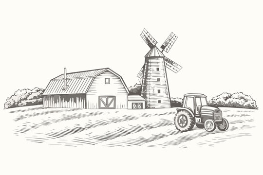 Vintage farm scene featuring a windmill barn and agricultural tractor