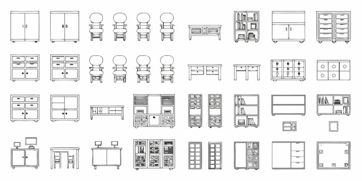 Architectural drawing of various furniture items in a linear arrangement