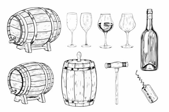 Sketch of wine barrels glasses a bottle and associated tools
