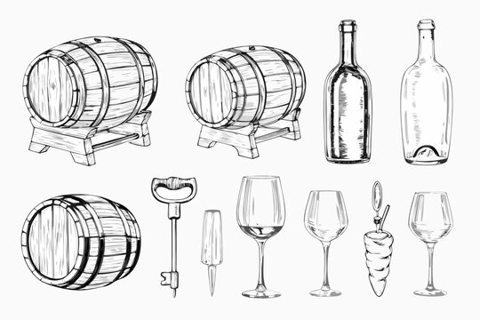 Vintage sketch of wine barrels bottles glasses and cellar tools