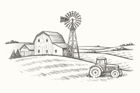 Vintage farm scene with a barn windmill and tractor illustration