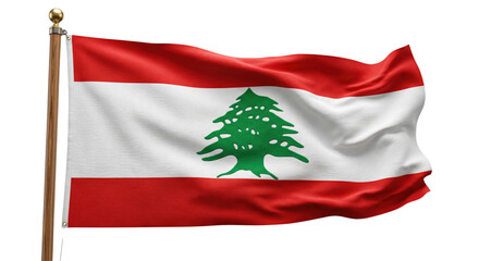Naklejka premium Waving national flag of Lebanon on wooden flagpole