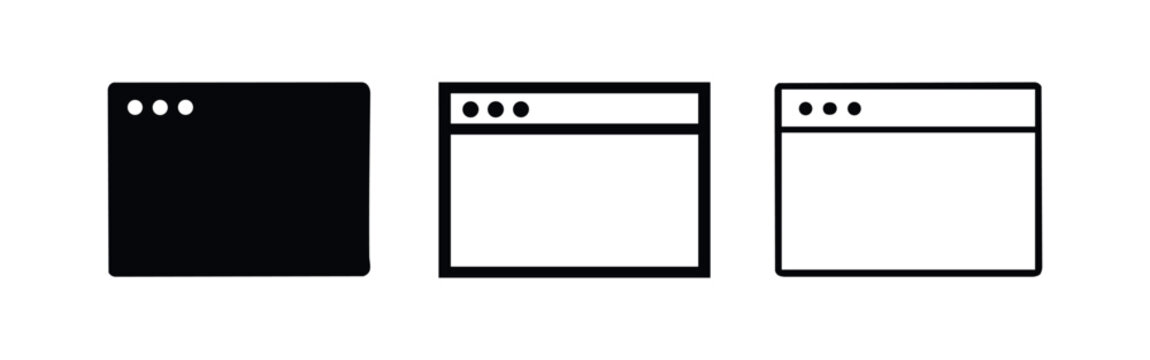 Three browser window icons with dots: solid black, outline, and simplified line art