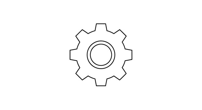 Simple black outline gear with eight teeth and a central circular hole on a plain white background symbol