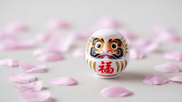 Traditional japanese daruma doll amidst cherry blossoms