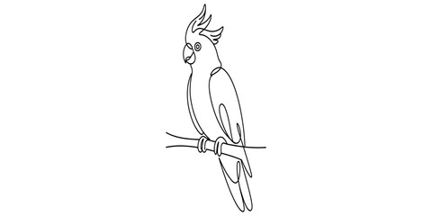 Minimalist continuous line drawing of a majestic cockatoo perched on a simple wooden branch stem. Vector, illustration © Pabon Art Gallery