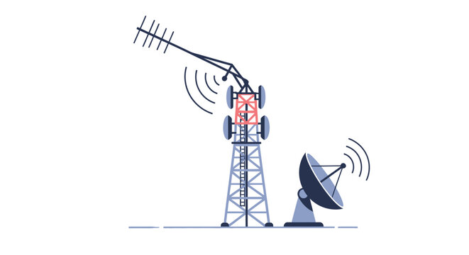 Telecommunication tower and satellite dish antenna broadcasting signals. EPS Editable. Vector Illustrations.