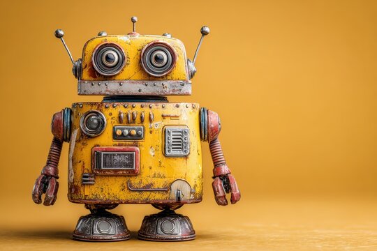 Yellow robot figure with large eyes and antennas, featuring mechanical details and a solid orange background, representing AI technology and vintage design elements
