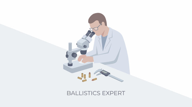 A dedicated forensic ballistics expert conducting scientific analysis with a microscope. EPS Editable. Vector Illustrations.