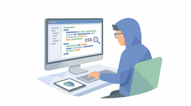 A hooded computer programmer working on cross site scripting vulnerability testing. EPS Editable. Vector Illustrations.