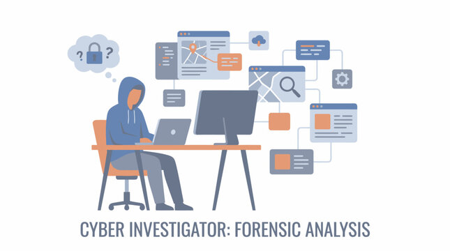 A hooded cyber investigator working on digital forensic analysis at a computer desk. EPS Editable. Vector Illustrations.