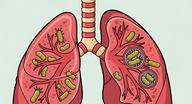 Medical diagram showing the human respiratory system with bacterial infection highlighted in the upper lobe of the lungs