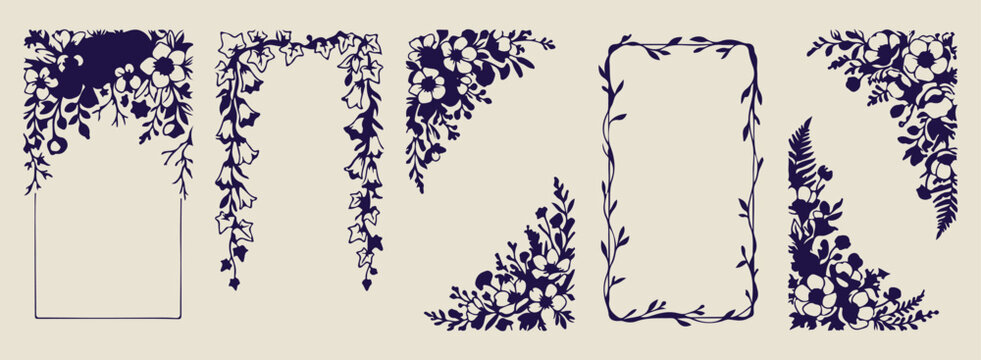 Floral corner and side border design, hand drawn wildflower edge graphics, rustic leaf and blossom doodles, organic botanical frame sketch set, bohemian nature aesthetic border elements, delicate gard