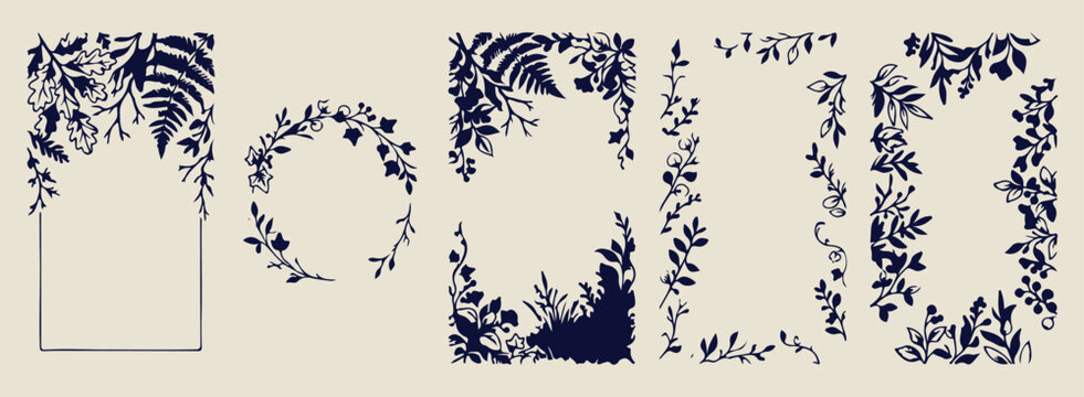 Delicate leafy vertical border design, hand drawn floral edge graphics, rustic vine and leaf doodles, organic plant side border sketches, bohemian botanical aesthetic elements, minimalist nature frame
