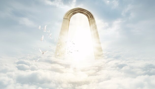 A serene and peaceful depiction of a heavenly archway in the clouds with birds flying towards the light