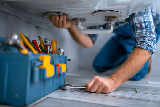 Person works under bathroom sink to fix plumbing with toolkit and tools at hand, focusing on repairs in a home setting Generative AI
