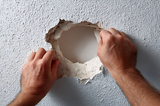 Hands work on a small hole in drywall in a room where repairs are being made close to the wall surface in the afternoon light Generative AI