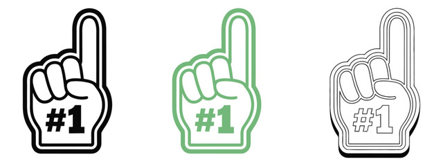 Obraz premium Number one foam finger icons celebrating victory or achievement, sports fan hand gesture symbol, foam hand sign for cheering