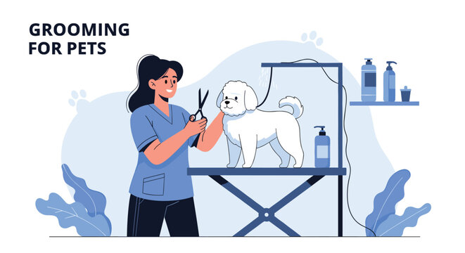 Professional groomer uses scissors to trim the coat of a fluffy white dog on a grooming table in a clean pet care salon environment.