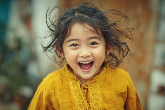 Young girl with dark hair wearing a yellow blouse smiles broadly, with wind tousling her hair against a blurred outdoor background