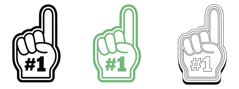 Number one foam finger icons celebrating victory or achievement, sports fan hand gesture symbol, foam hand sign for cheering