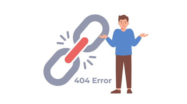 404 Error page design with broken chain link and confused man. EPS Editable. Vector Illustrations.