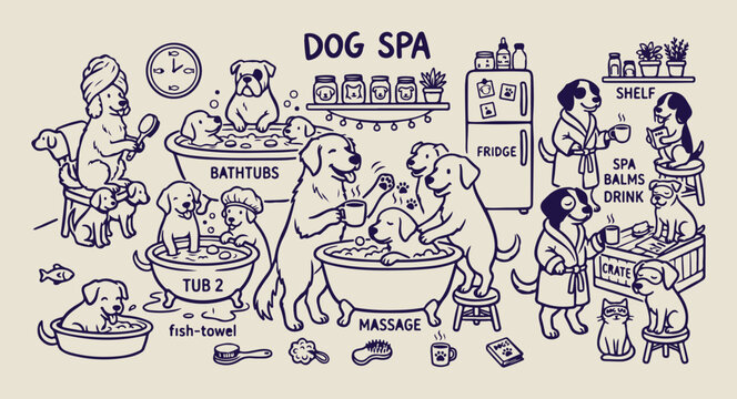 Relaxing dogs at spa doodles, hand drawn canine bath sketches, whimsical puppies in bathtub graphics, cute animal grooming illustrations, humorous pet wellness doodles, hand drawn dog shower elements,