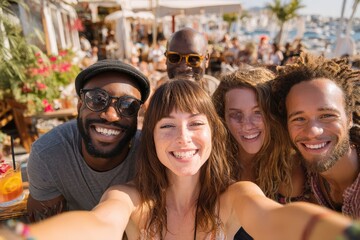 Fototapeta premium Group of friends taking selfie while enjoying mojitos at a vibrant outdoor cafe with a marina view, surrounded by palm trees and colorful flowers