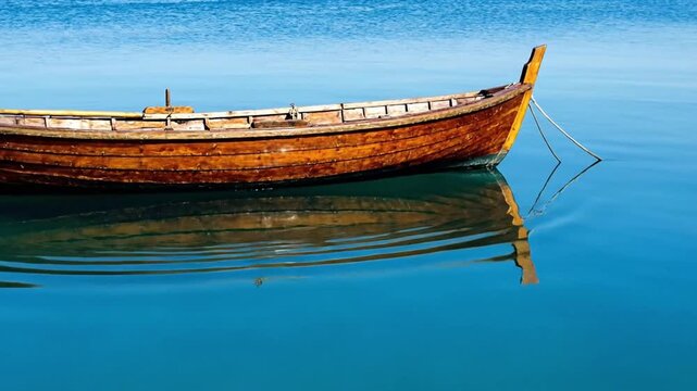 Wooden fishing boat floating on calm blue water with a perfect reflection