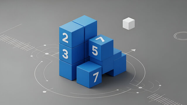 3D blue number blocks 2, 3, 5, and 7 on reflective surface for counting and math concepts