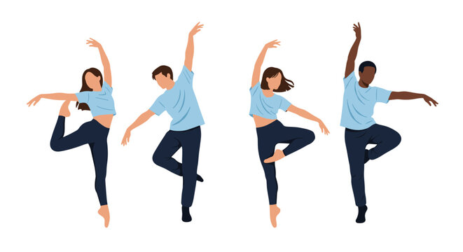 Group of four diverse dancers performing expressive contemporary dance moves against a plain white background in flat style.