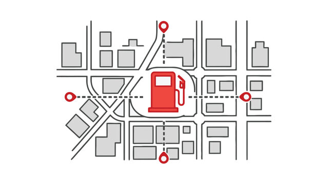 Urban city map with central red gas station icon and multiple pinpointed locations showing routes for fuel service and navigation.