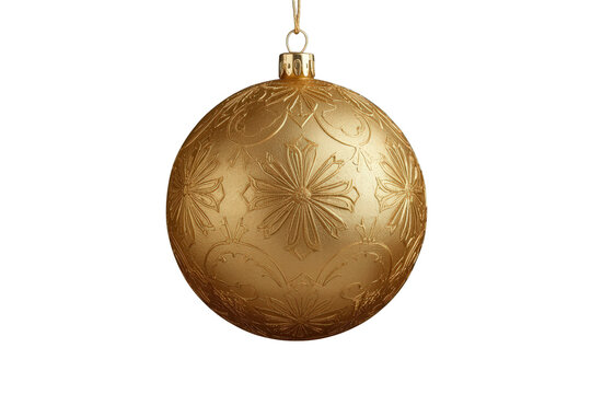 Gold christmas bauble hanging, ornate holiday decoration with embossed floral pattern, festive ornament for celebration