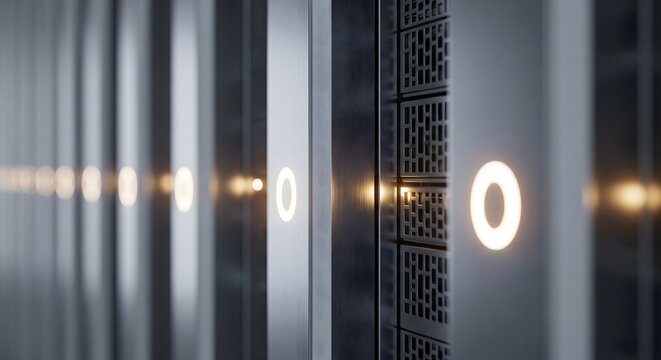 Digital binary code flowing through server racks.