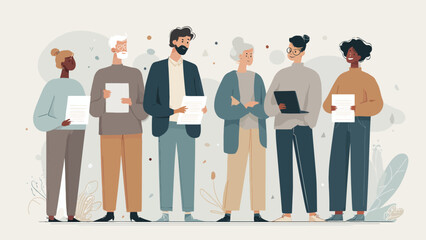 Obraz premium Diverse group of people standing together, showcasing unity and collaboration in a modern setting, with subtle background elements that suggest community or workplace environment