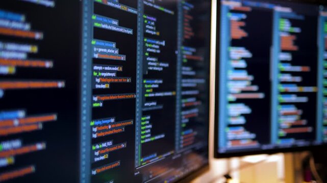 Close up computer monitors displaying fictional programming code and software development interface, technology workspace concept