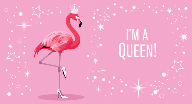 Fun pink flamingo character wearing a silver crown and high heels celebrating female empowerment with text on a starry background.