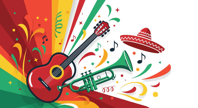 Dynamic Cinco de Mayo Music Banner with Colorful Sunburst and Mexican Icons