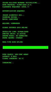 Vertical video Fictional military terminal interface with green monochrome text and loading bar. Simulated system UI showing authentication and network status for sci-fi