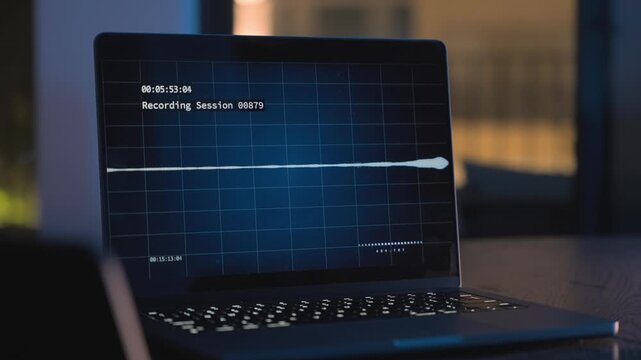 Audio sound wave recording software on a laptop screen at night on office desk. Spyware wiretapping or podcast music or voice capture app. Secret classified hidden mic. Suspicious hacker activity