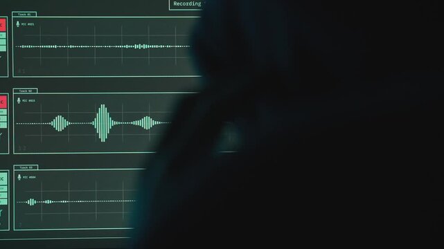 Hooded person listening to voice conversation recording in dark room by computer monitor. Audio sound waves playing. Hacker sitting with headphones. Dark web. Wiretap illegal activity privacy breach