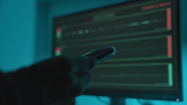 Close up on hand holding smartphone while audio sound waves on computer monitor play in background in dark office room. Hacker using mobile phone. Wiretapping software. Privacy breach. Spying app