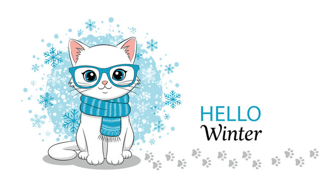 Adorable white cat wearing blue frame glasses and a matching scarf with snowflakes and the text hello winter in the background.