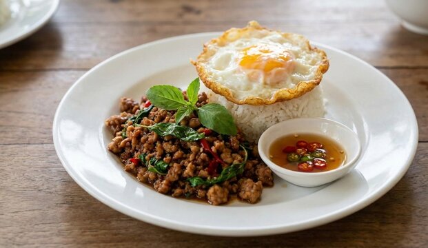 Thai basil minced pork served with steamed rice, a crispy fried egg, and chili fish sauce. Classic spicy street food on a rustic wood table.