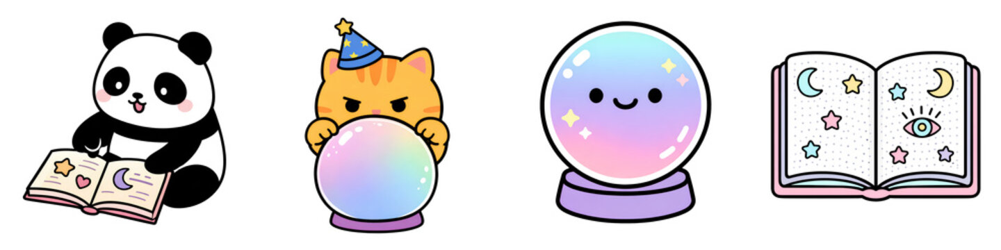 Panda cat crystal ball magic cartoon sticker icon cute panda and cat with crystal ball and magic book, colorful cartoon sticker icon set